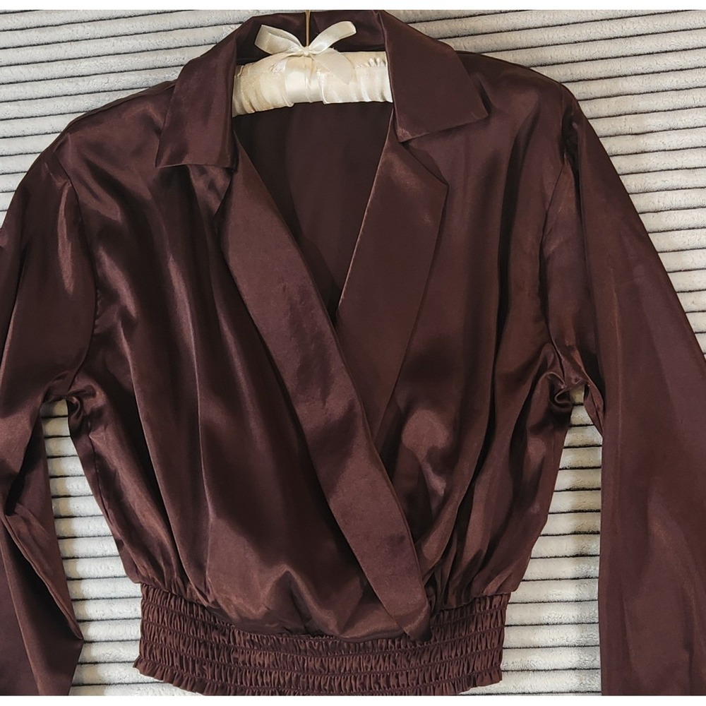 MOCHA Brown Satin Blouse Wrap Top L/S OFFICE Career LUXE Party Small bust 33-38